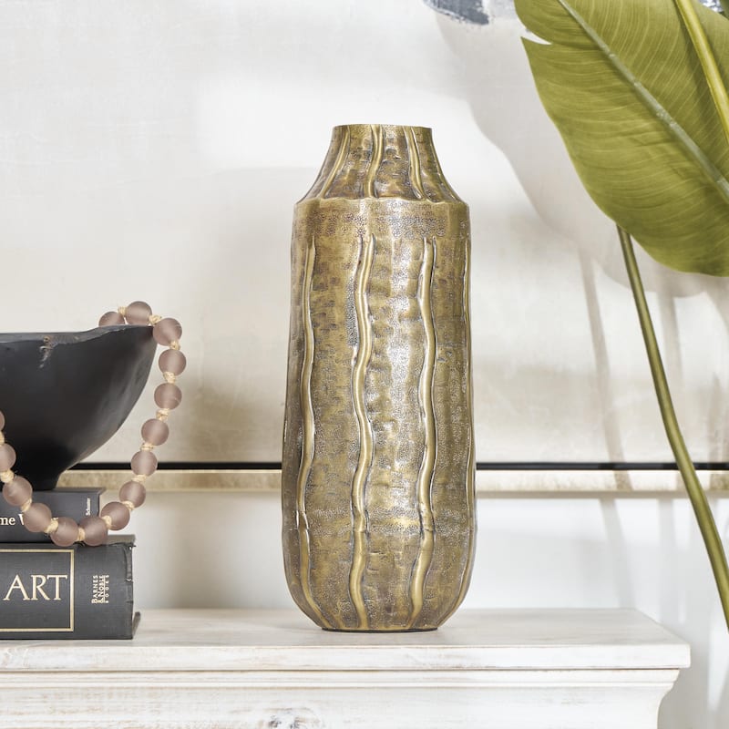 Metal Snakeskin Inspired Decorative Vase with Dimensional Wavy Accents - Brass - Roche River Decor