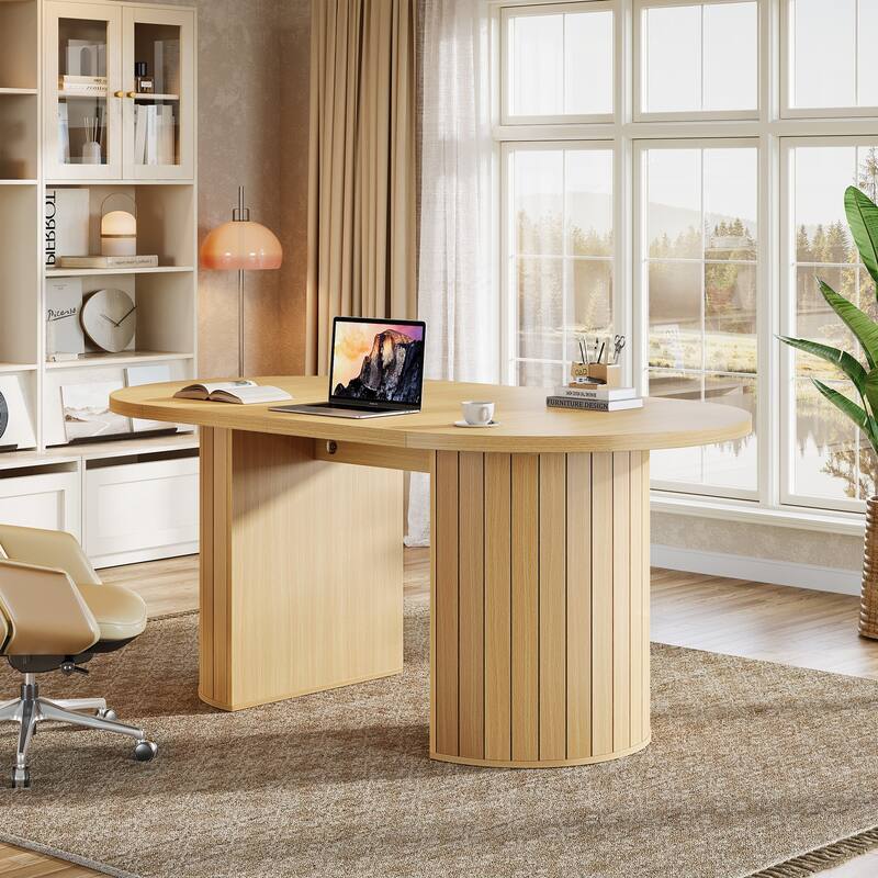 63-Inch Computer Desk for Home Office, Modern Executive Office Desk, Light Brown