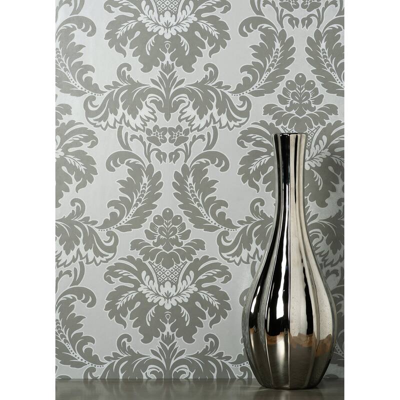 Brewster Windsor Grey Damask Wallpaper