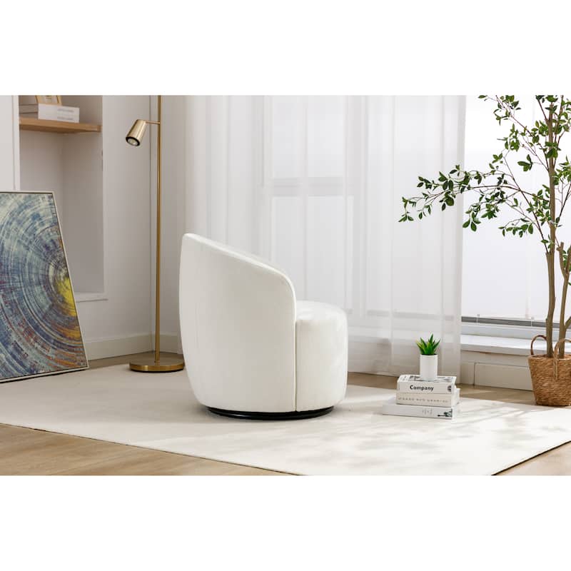 Ivory Chenille Modern 25.6" Upholstered Swivel Barrel Chair with Black Powder Coating and Metal Ring