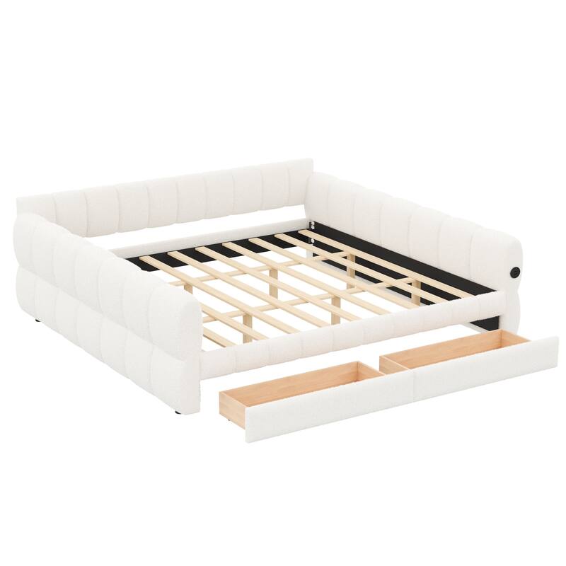 Upholstered Daybed with USB and Optional Platform Storage Bed with 2 Storage Drawers or Low Profile Sofa Bed with Trundle Bed