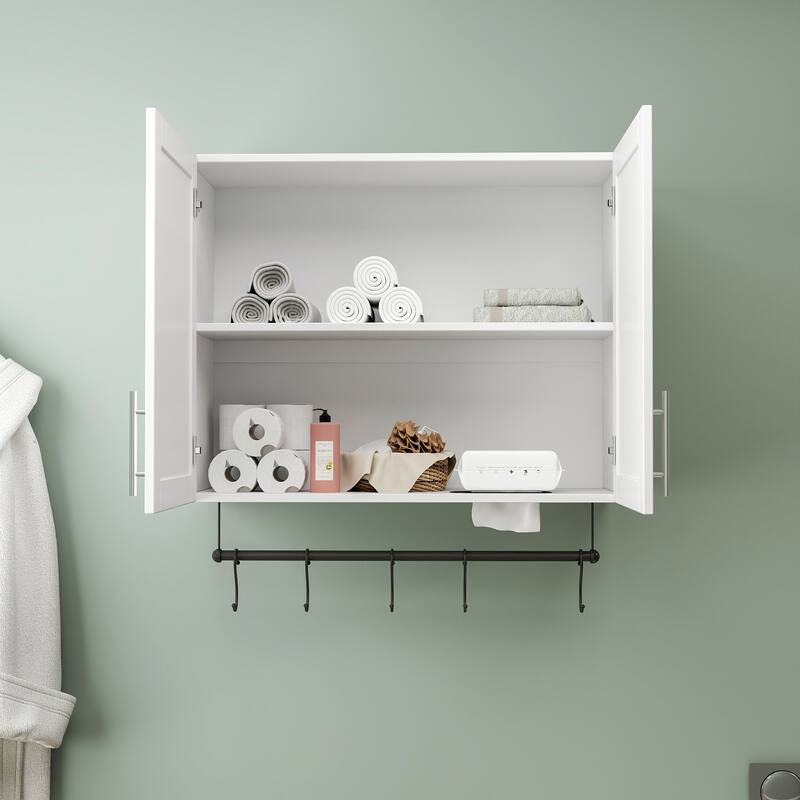 Bathroom Wall Mounted Cabinet with Towel Bar and Hooks, Compact Storage Cabinet with Adjustable Shelf