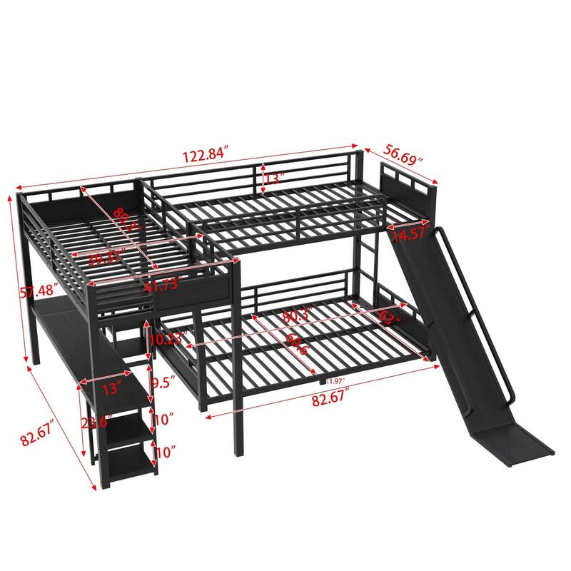 L-Shaped Metal Bunk Bed and Loft Bed with Desk, Storage Shelves and Slide