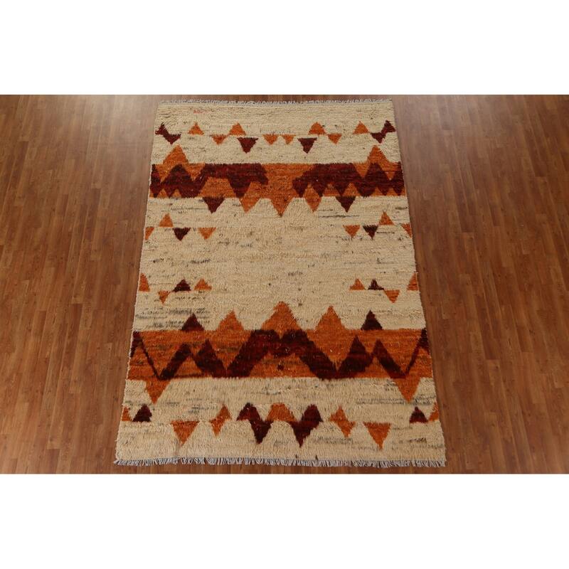 Hand Knotted Oriental 100% Wool Carpet Modern Tribal Beige & Ivories Moroccan Area Rug - 9' 8'' X 6' 8''