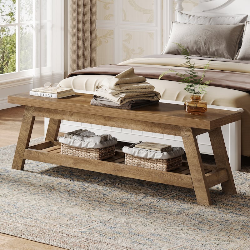 2-Tier Entryway Shoe Bench with Storage, 55-Inch Long Wood Storage Bench for Living Room, Bedrooms
