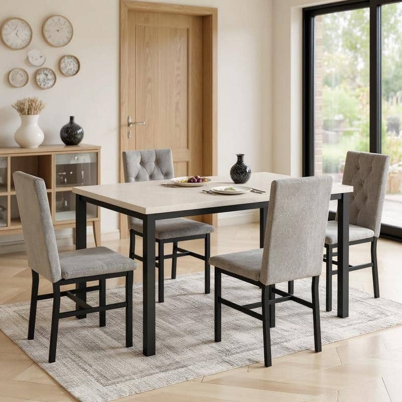 Grondin 5-Piece Dininng Room Table Set with 4 Upholstered Dining Chairs, Faux Marble Top And Metal Frame Dining Table Set Of 5 - Marble Beige & Gray Velvet