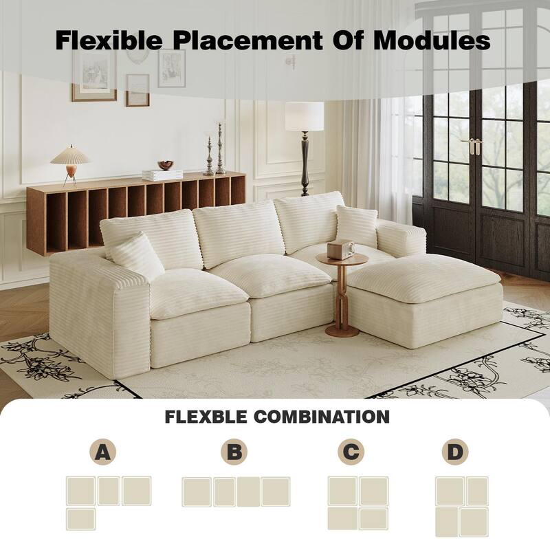 L-Shaped Cloud Sectional Sofa with Chaise Lounge, Corduroy Upholstered 3 Seater Sofa, Modular Corner Sofa with Deep Seat