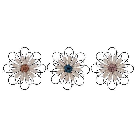 tratton Home Decor Set of 3 Layered Metal and Wood Flowers Wall Decor