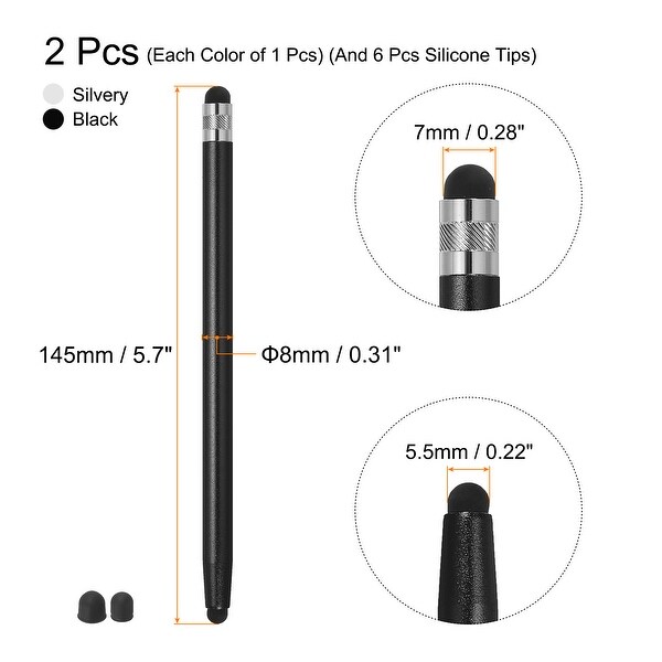 2pcs Stylus Pens for Touch Screens with 4 Extra Tips Black Silver