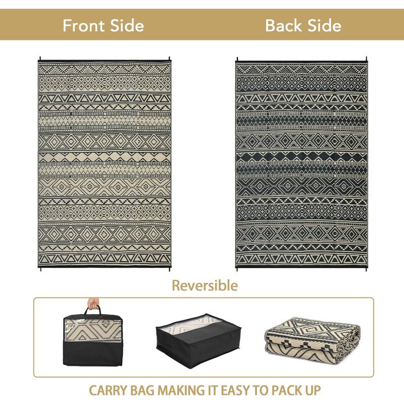 Outdoor Rug Waterproof Patio Rug Mat Geometric Rug Plastic Straw Outside Rug for RV Camping Picnic Reversible Rug