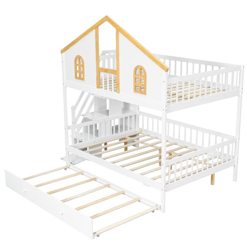Fairytale Bunk Bed with Window Door House-shaped Roof Frame and Storage Staircase, Optional with Storage Drawers or Trundle Bed