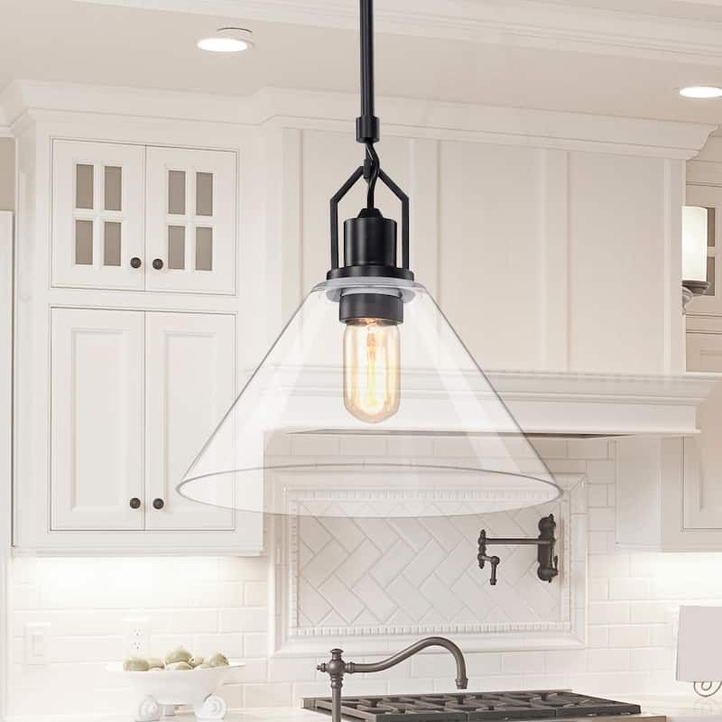 Matte Black 1-Light 12 in. Modern Pendant with Clear Cone Glass Shade