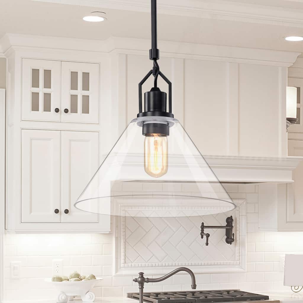 Matte Black 1-Light 12 in. Modern Pendant with Clear Cone Glass Shade