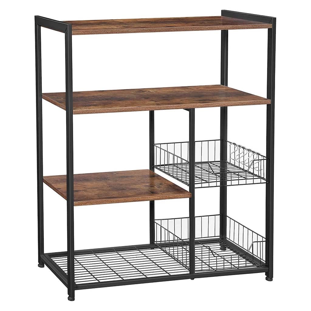 2 Mesh Basket and 6 Hooks Wood and Metal Frame Bakers Rack, Brown and Black - 37.4 H x 13.8 W x 31.5 L Inches