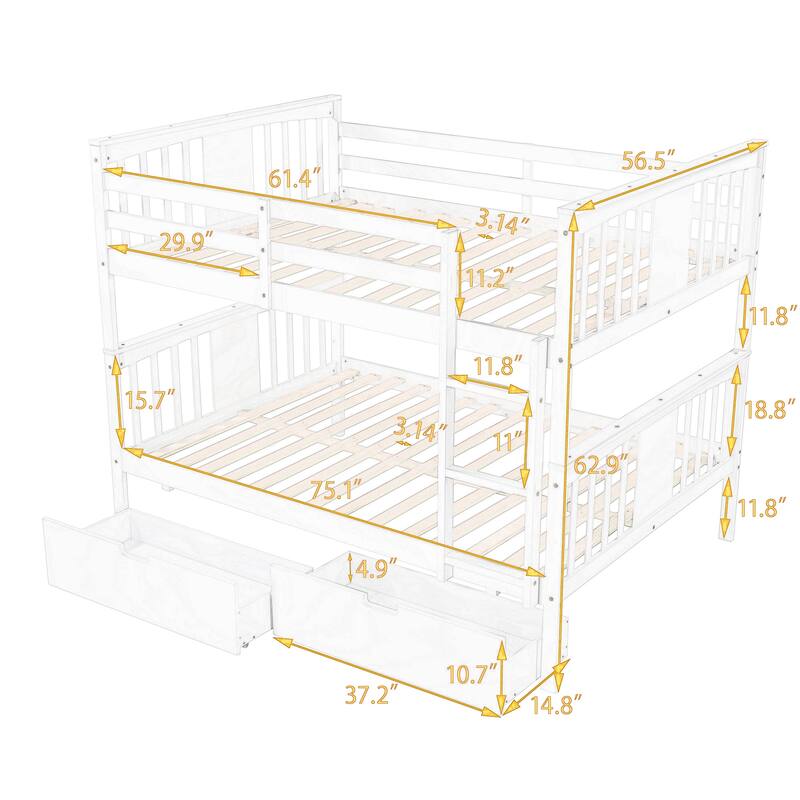 Full Pine Bunk Bed with Drawers, Ladder, and Headboard, Convertible to Two Beds