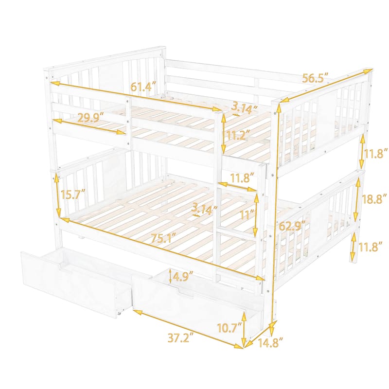 Full over Full Bunk Bed with Drawers and Ladder, Solid Wood Bunk Frame with Storage for Bedrooms and Guest Rooms