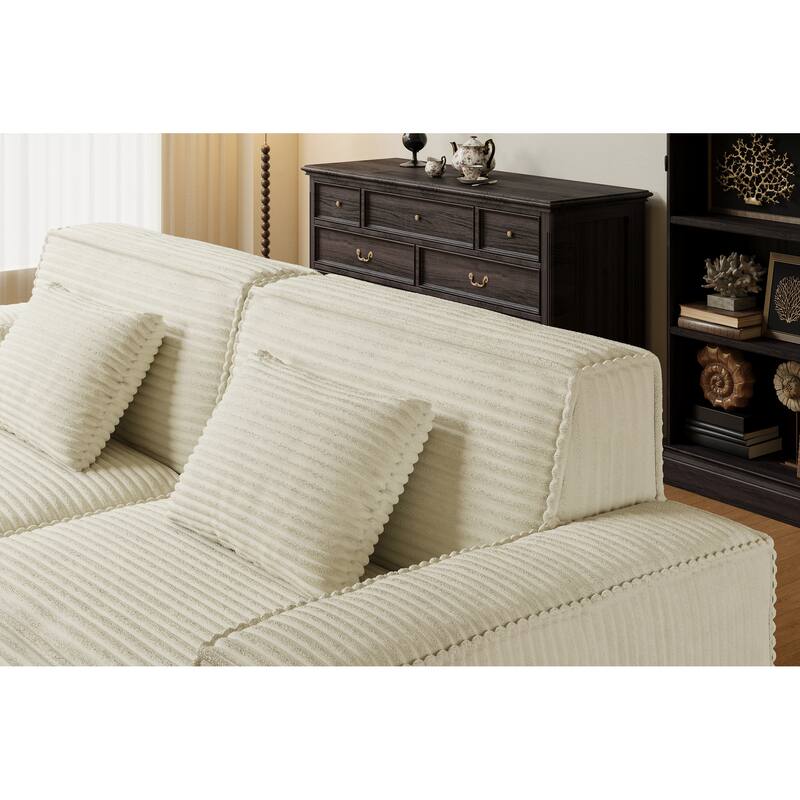 Anmytek Modern Large Striped Vacuum Compressed Full Sponge High Rebound Straight Sofa with Footstool Beige