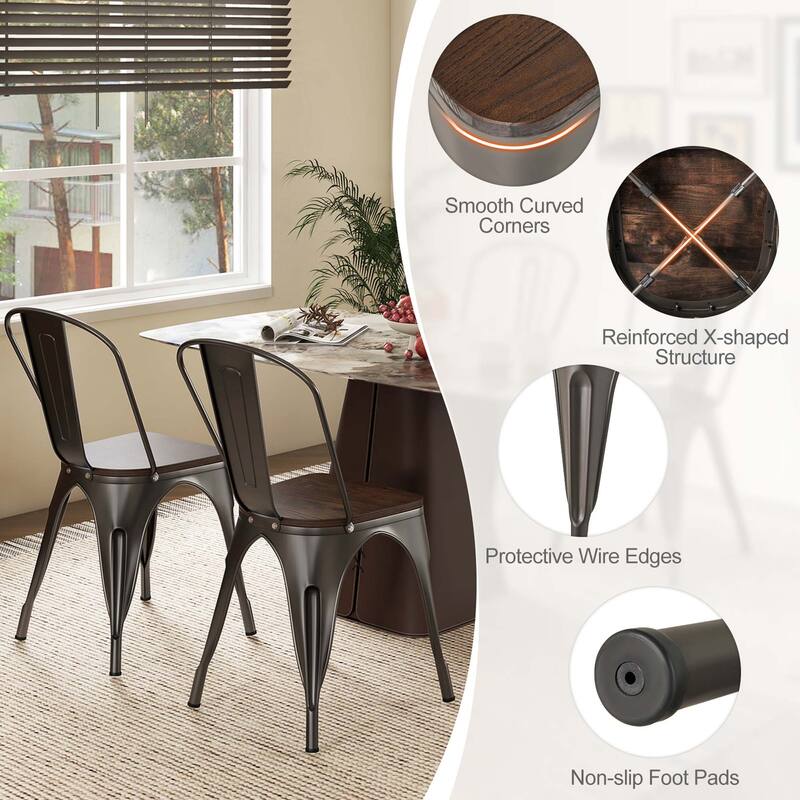 Gymax Metal Dining Chairs Set of 4 w/ Wood Seat & Removable Backrest