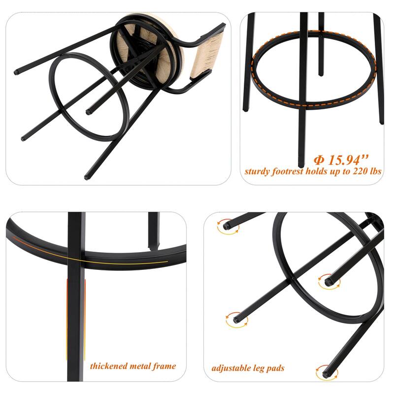 Swivel Counter Height Bar Stools Set of 2, Bar Height Stools, Paper Rope Woven Bar Stools, Farmhouse Island Chair w/ Metal Frame
