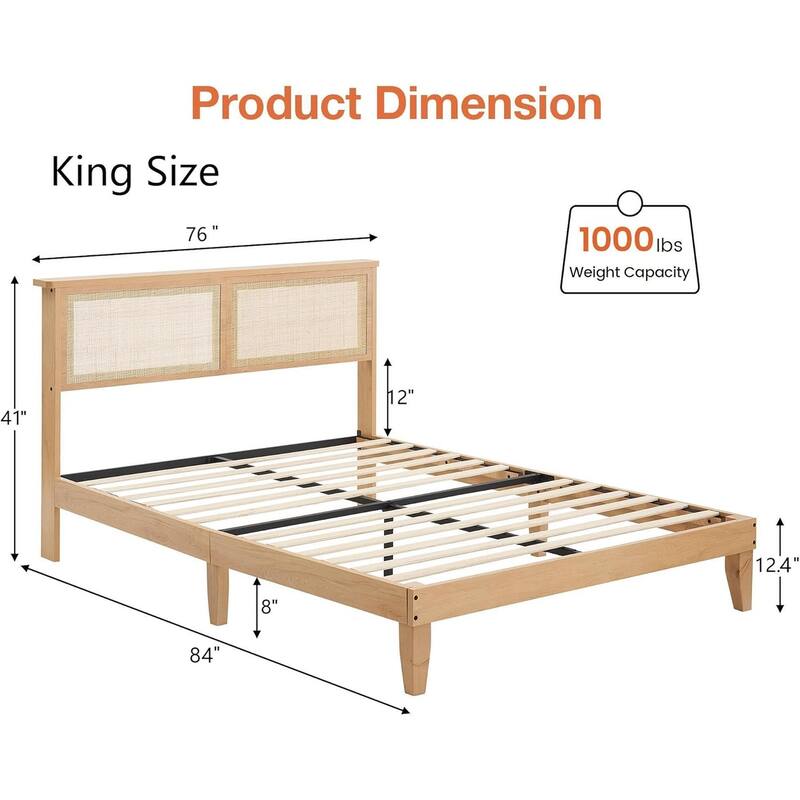 Rattan Platform Bed Frame with Boho Headboard, LED Lights, Solid Wood Foundation, No Box Spring Needed