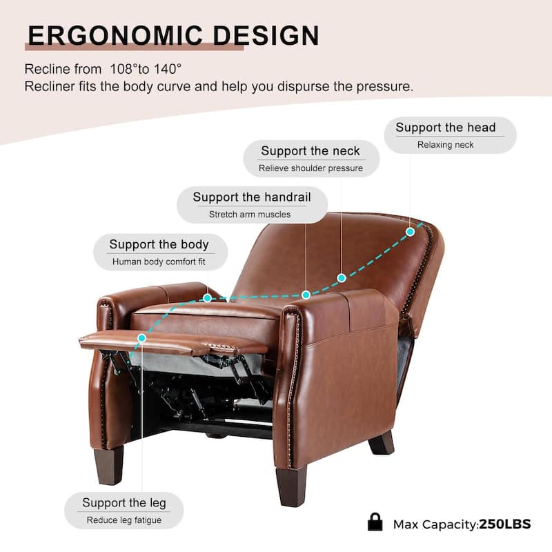 Gladis Modern Retro Genuine Leather Recliner with Nailhead Trim by HULALA HOME