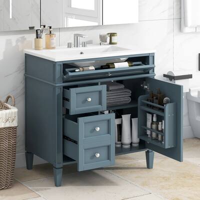30'' Bathroom Vanity with Top Sink, Modern Bathroom Storage Cabinet with 2 Drawers and a Tip-out Drawer, Single Sink