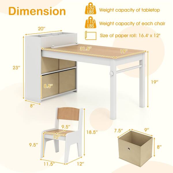 dimension image slide 1 of 2, Kids Art Table and 2 Chairs Set with 4 Fabric Storage Bins and 4 Compartments - 39.5" x 20" x 23" (L x W x H)
