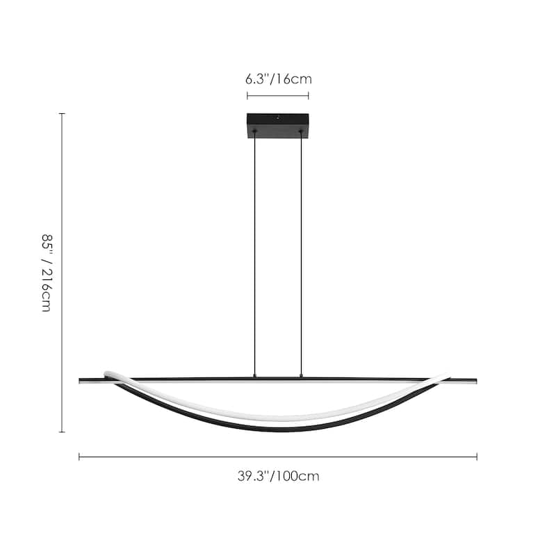 39" 2-Light Modern Black Aluminum Linear Wave-Shaped Geometric Integrated LED Pendant Light for Kitchen Island