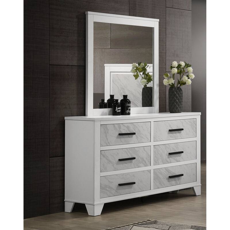 Modern White Finish Bed Dresser Mirror Classic 3-Piece