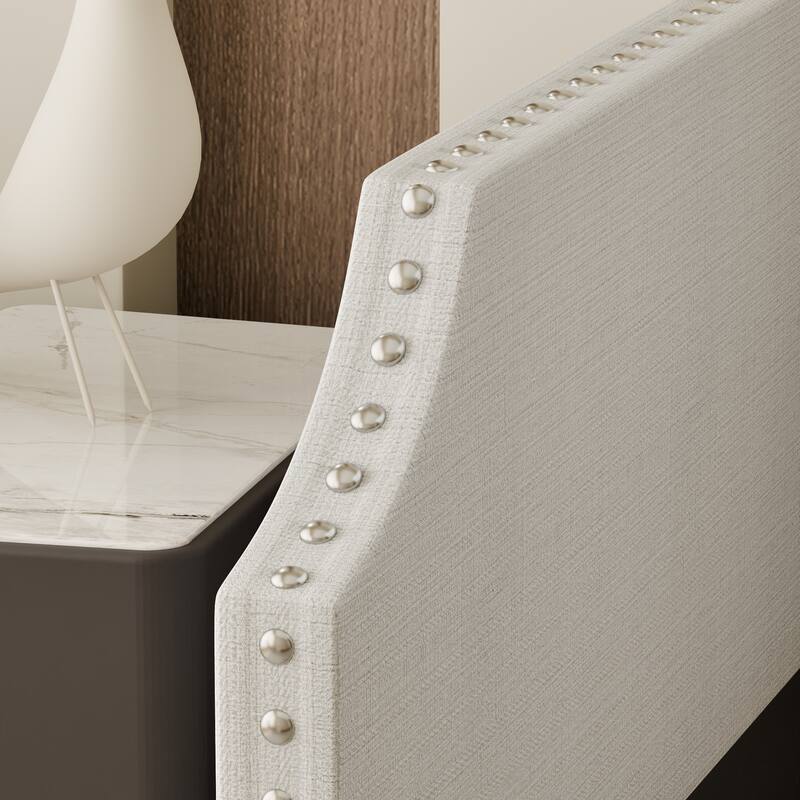 Modern Twin Size Upholstered Daybed with Trundle, Light Gray Fabric Sofa Bed with Plywood Slats and Nailhead Trim