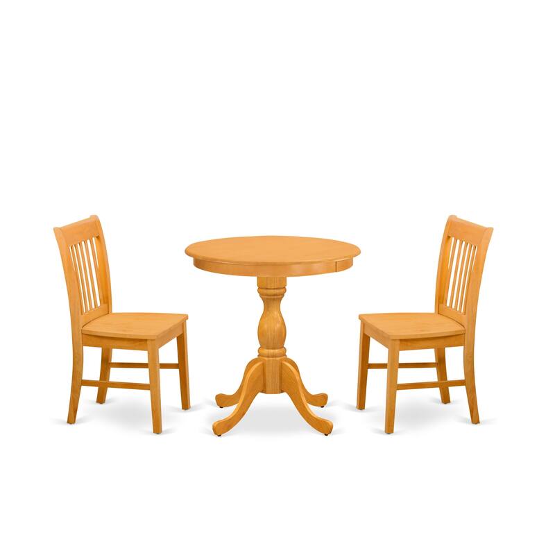 East West Furniture 3 Piece Modern Dining Table Set- a Round Wooden Table and 2 Dining Chairs, (Seat & Finish Options)