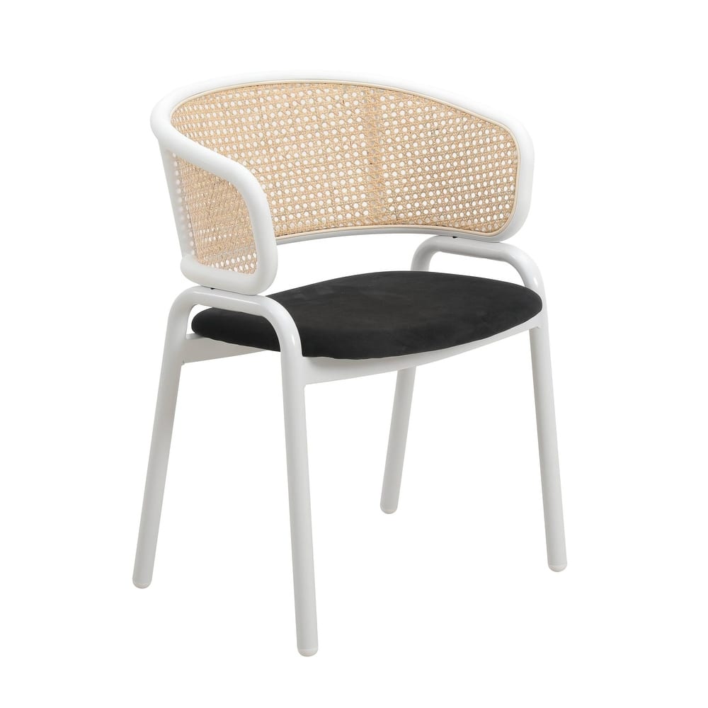 Ervilla Velvet Dining Side Chair with Rattan Back, White Steel Legs & Ergonomic Design for Kitchen, Dining Room or Living Space