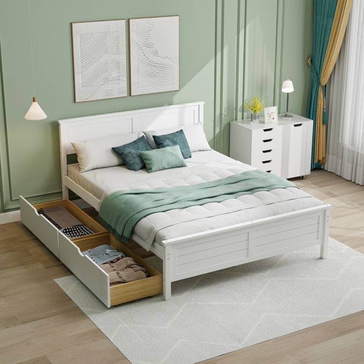 Full Size Platform Bed with 2 Storage Drawers Coastal Modern Wooden Slatted Frame