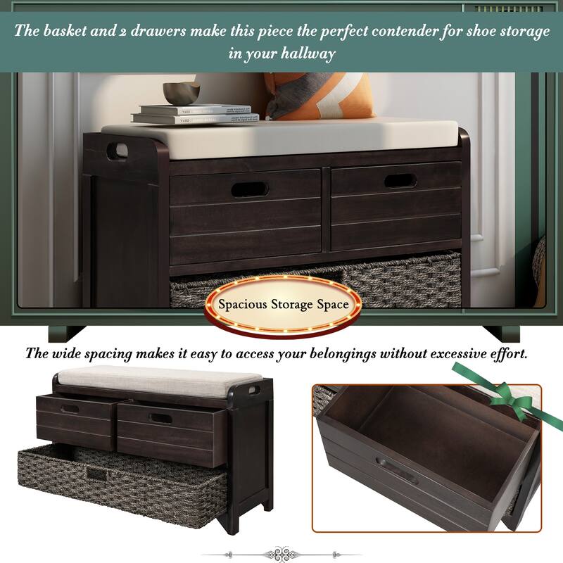 Storage Bench with Removable Basket & Drawers, Fully Assembled Benches Bench with Removable Cushion, for Entryway or Livingroom