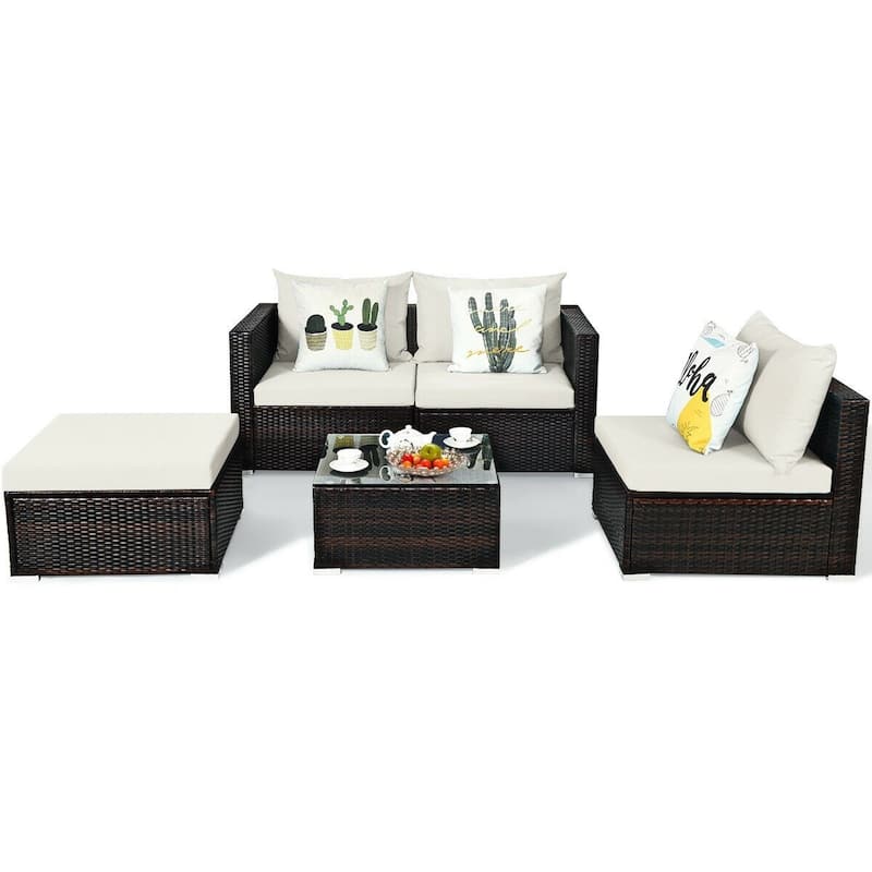 5Pcs Patio Rattan Furniture Set with Coffee Table - 29" x 29" x 23.5" (L x W x H)
