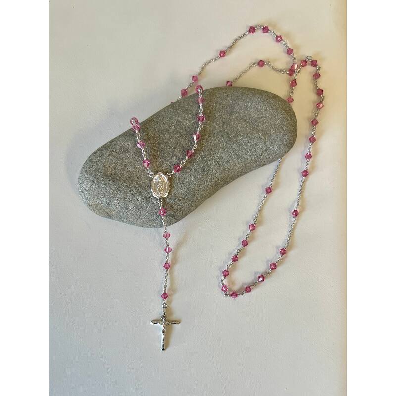 Roberto Martinez Platinum Plated Silver Rosary Necklace with Pink Austrian Crystals