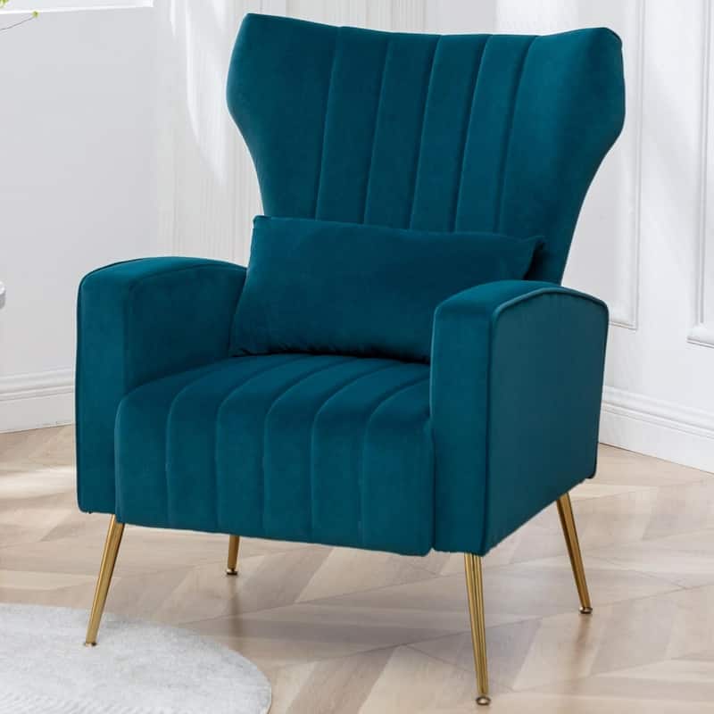 HOMYKA Accent Chair Upholstered Velvet Wingback Armchair with Pillows - Teal