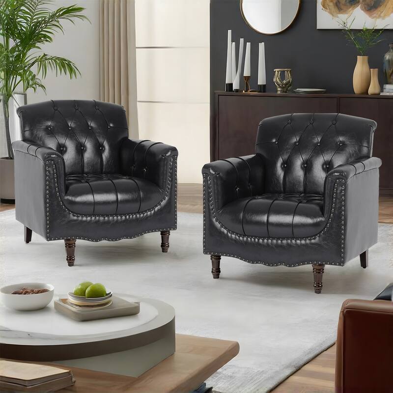 Set of 2 Tufted Vegan Leather Armchairs with Nailhead Trim and Wood Frame