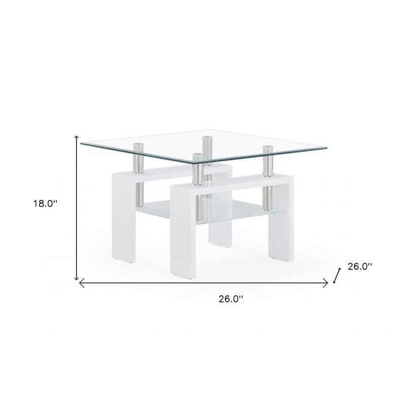 18 Inch White and Glass Side Table for Bedroom or Living Room - 26” x 26” x 18”