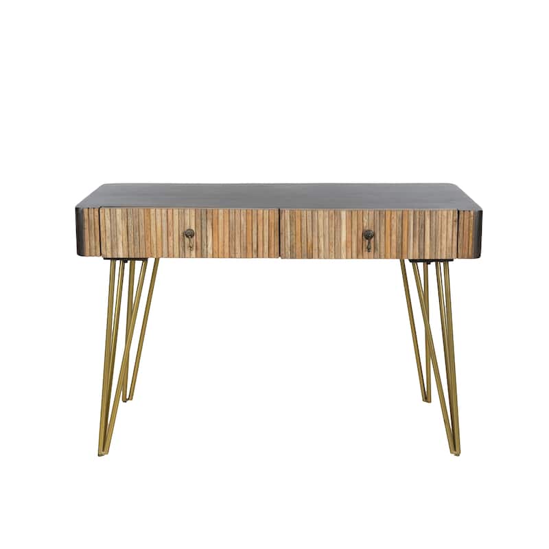 RRI Goods Modern Mango Wood Writing Desk with Antique Metal Accents and Golden Legs, Antique Home Office Desk