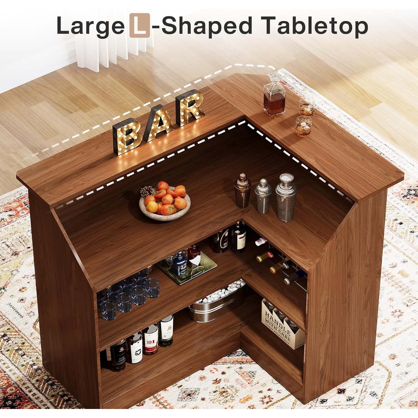 Black 4-Tier Bar Cabinet, L-Shaped Home Bar Table, Bar Unit with