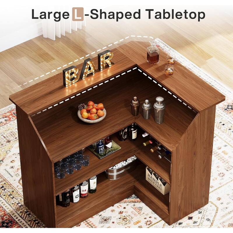 L Shaped Home Bar Cabinet Table with Stemware Racks, 4-Tier Corner Bar Unit Liquor Wine Bar Table