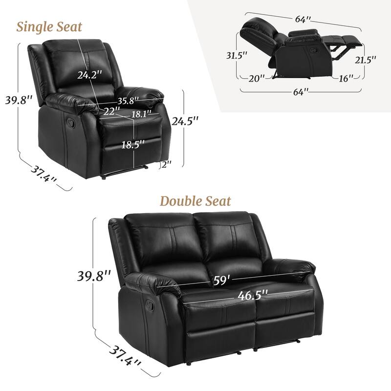 Recliner Set Of 2, Manual Recliner Chair, 2-Piece Faux Leather Upholstered Recliner Sofa For Living Room