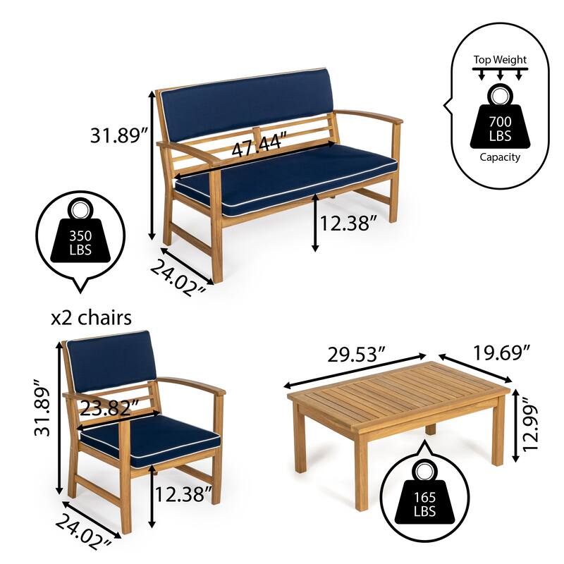 Freja 4-Piece Modern Coastal Acacia Wood Conversation Outdoor Patio Set with Cushions, by JONATHAN Y