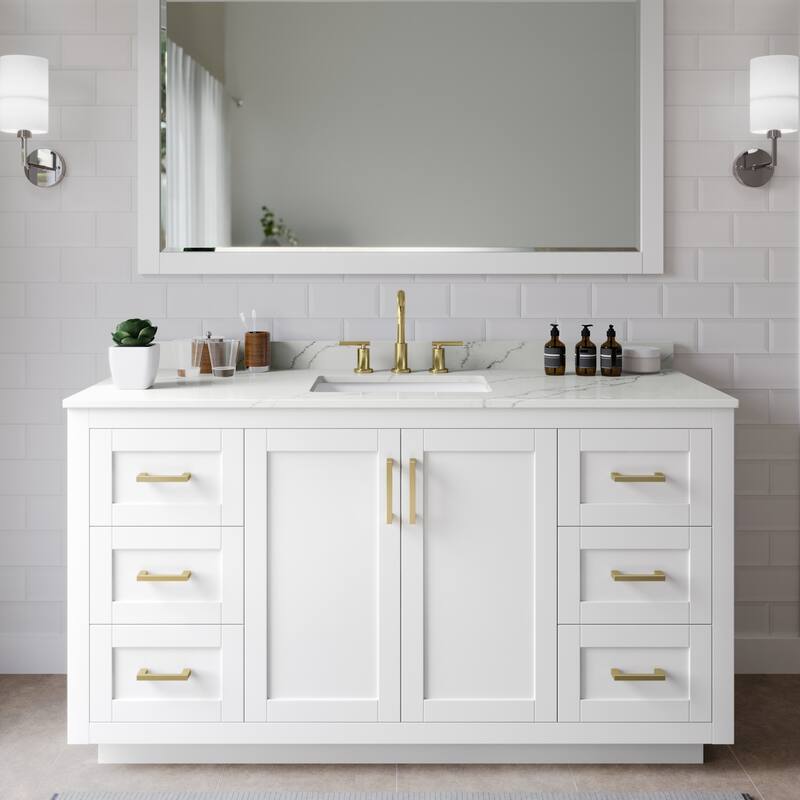 Wyndham Collection WCF292960S-QTZ-US3M58 Miranda 60" Free Standing - White / Giotto Quartz Top / Brushed Gold Hardware