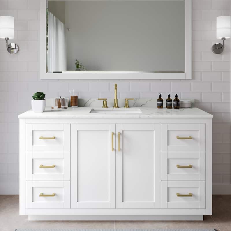 Wyndham Collection WCF292960S-QTZ-US3MXX Miranda 60" Free Standing - White / Giotto Quartz Top / Brushed Gold Hardware