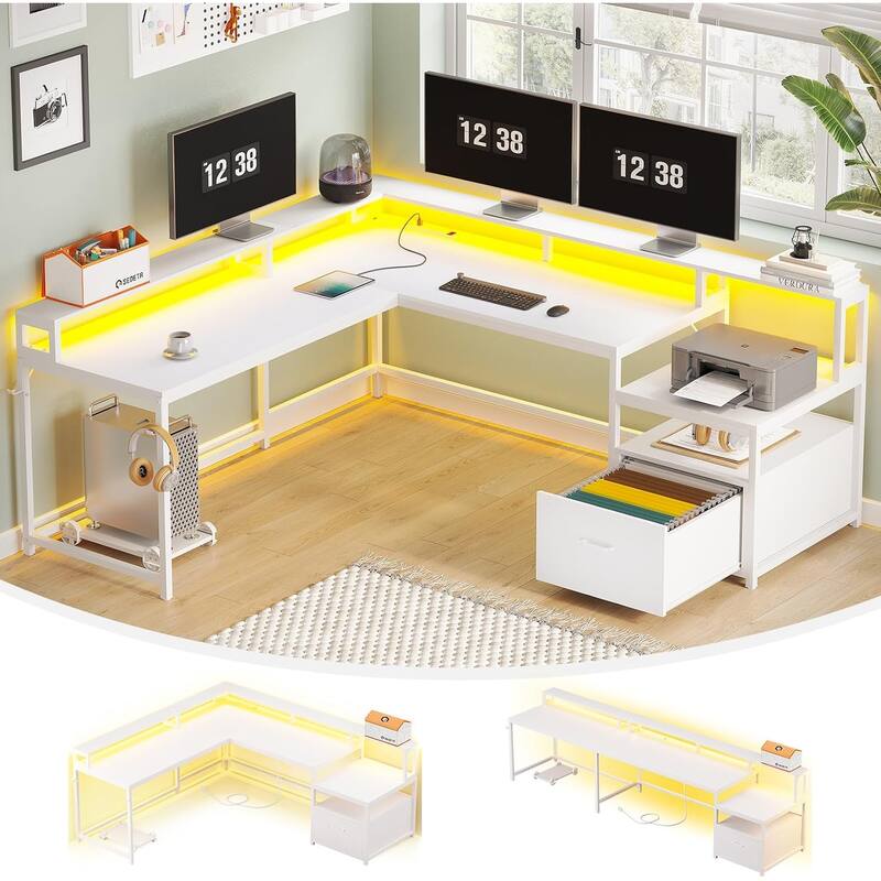 L Shaped Home Office Desk Computer desk File Drawer Power Outlet - White