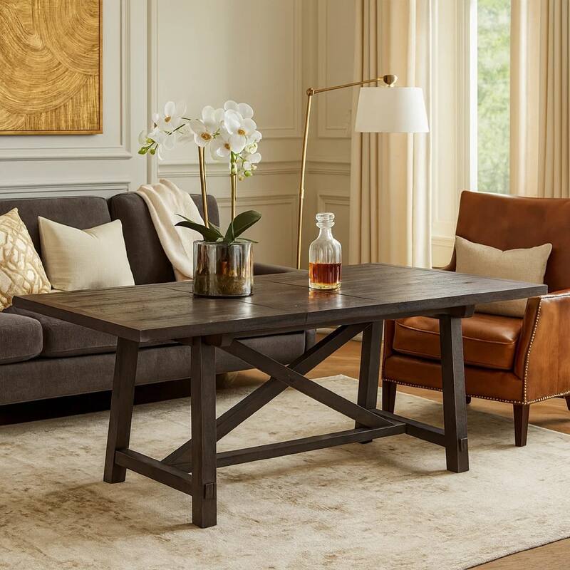 Wooden Rectangular Table with Crossed Planked Bulky Legs and Exposed Bolts , Brown