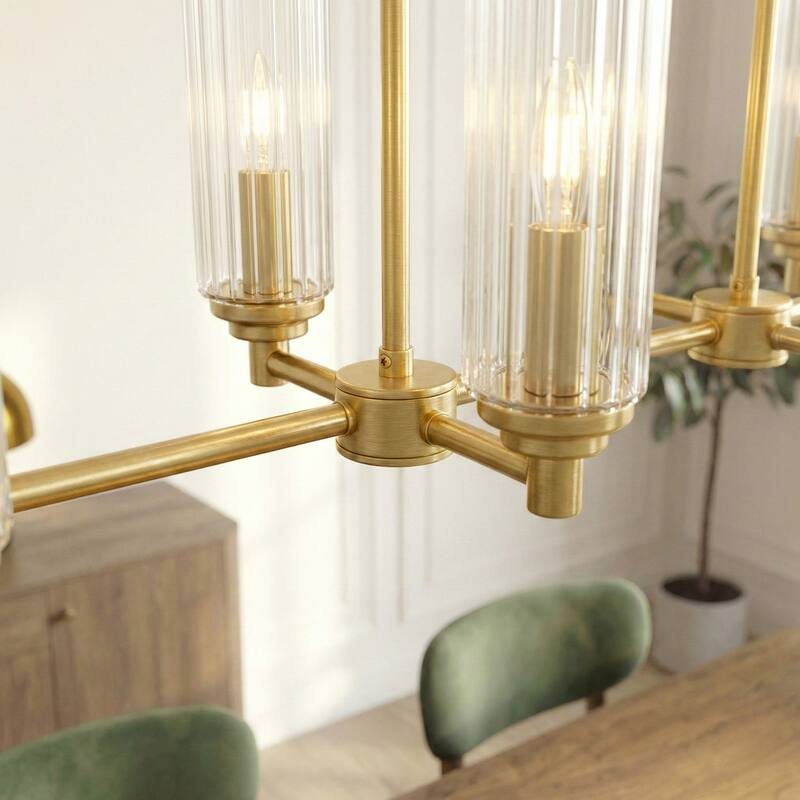 Asert Sophisticated 8-Light Satin Brass Pendant with Ribbed Glass Shades - Clear Ribbed Glass