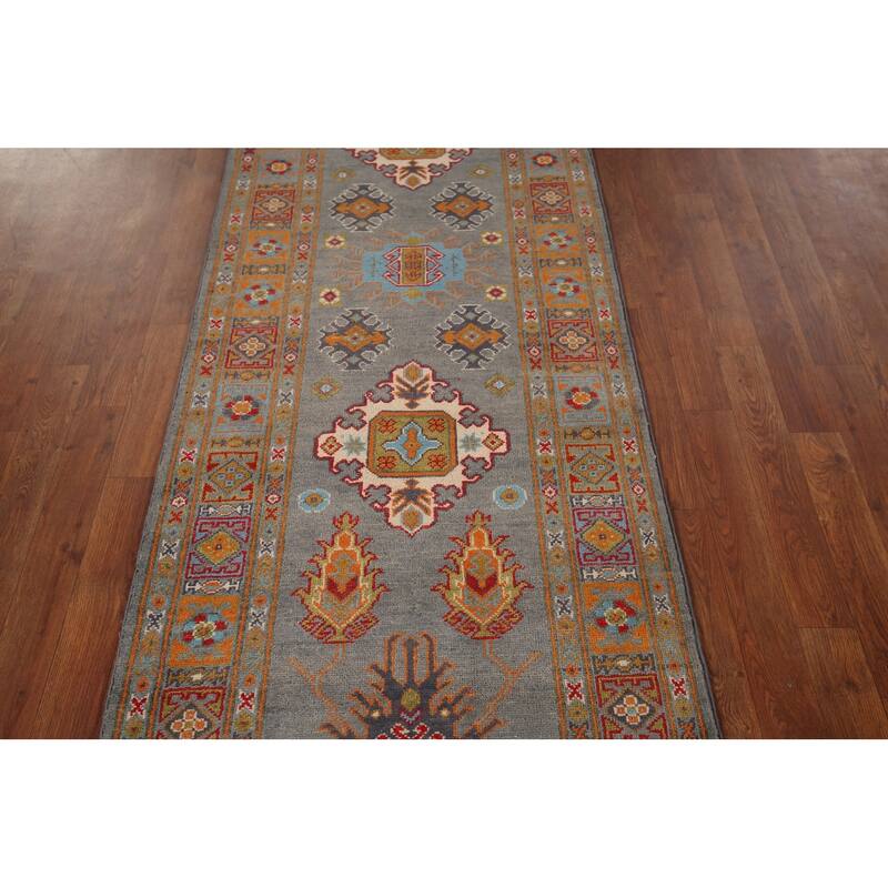 Gray Kazak Oriental Runner Rug Handmade Wool Carpet - 2'8" x 9'7"